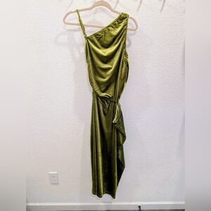 One-Shoulder Olive Velvet Dress With Cutouts